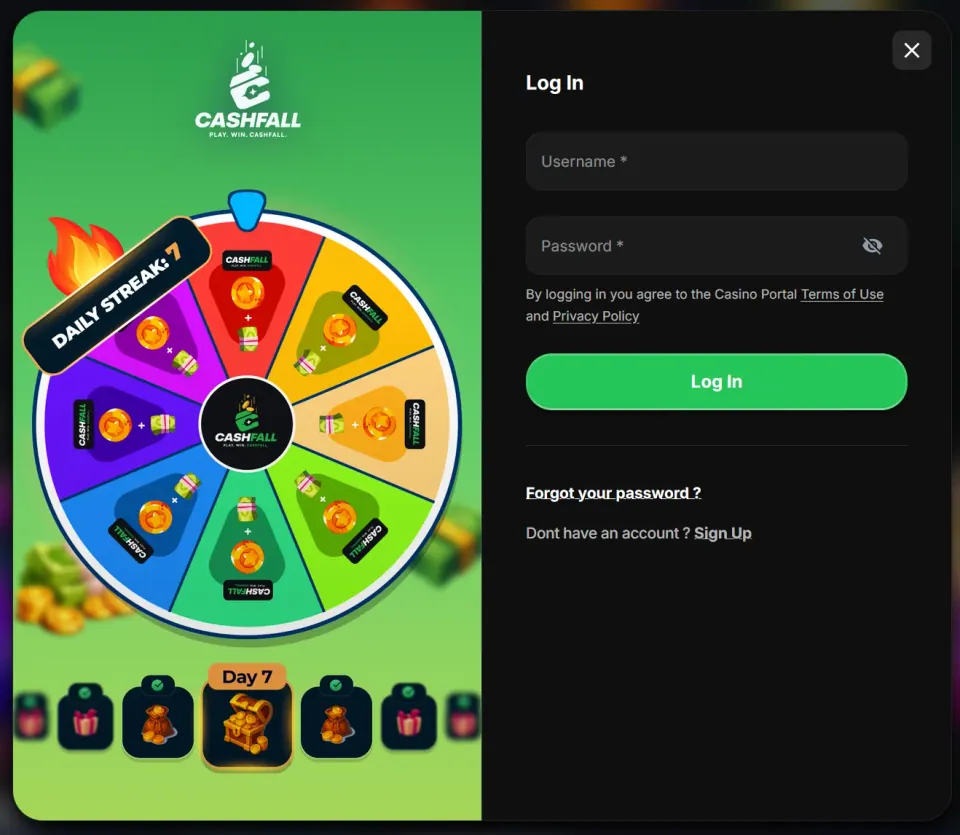 CashFall login screen with daily streak bonus wheel and seven-day reward track